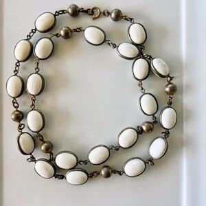 Vintage c50s Germany Stamped 30” Ivory Glass Cabochon set in Brass Necklace